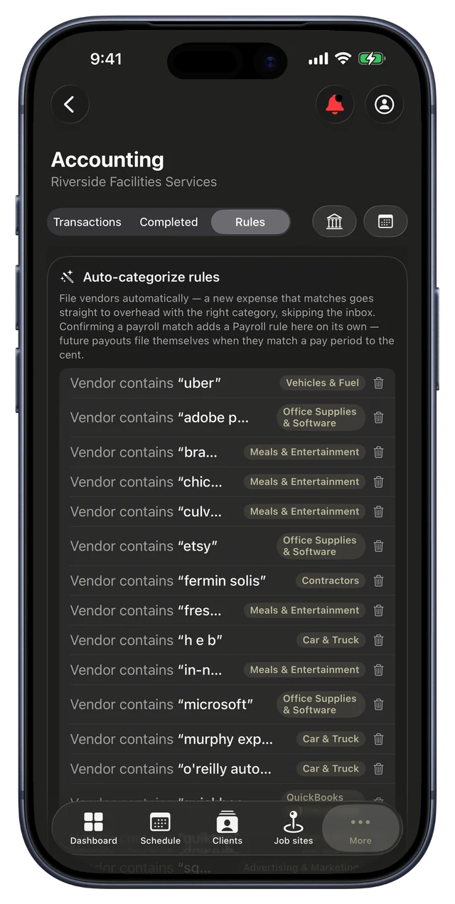CRMb auto-categorize rules on iPhone: a vendor-contains rule filing matching charges to a category automatically