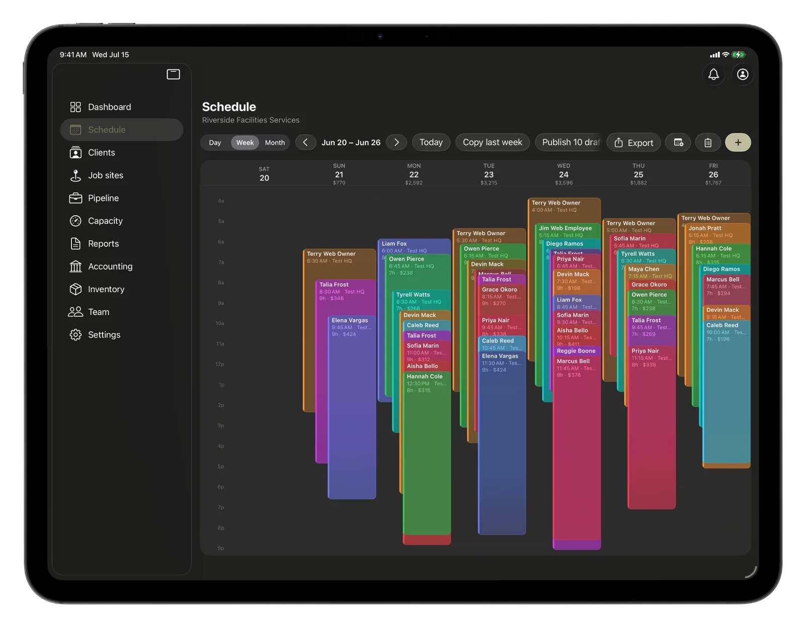 CRMb week schedule on iPad in landscape, every shift priced with daily totals
