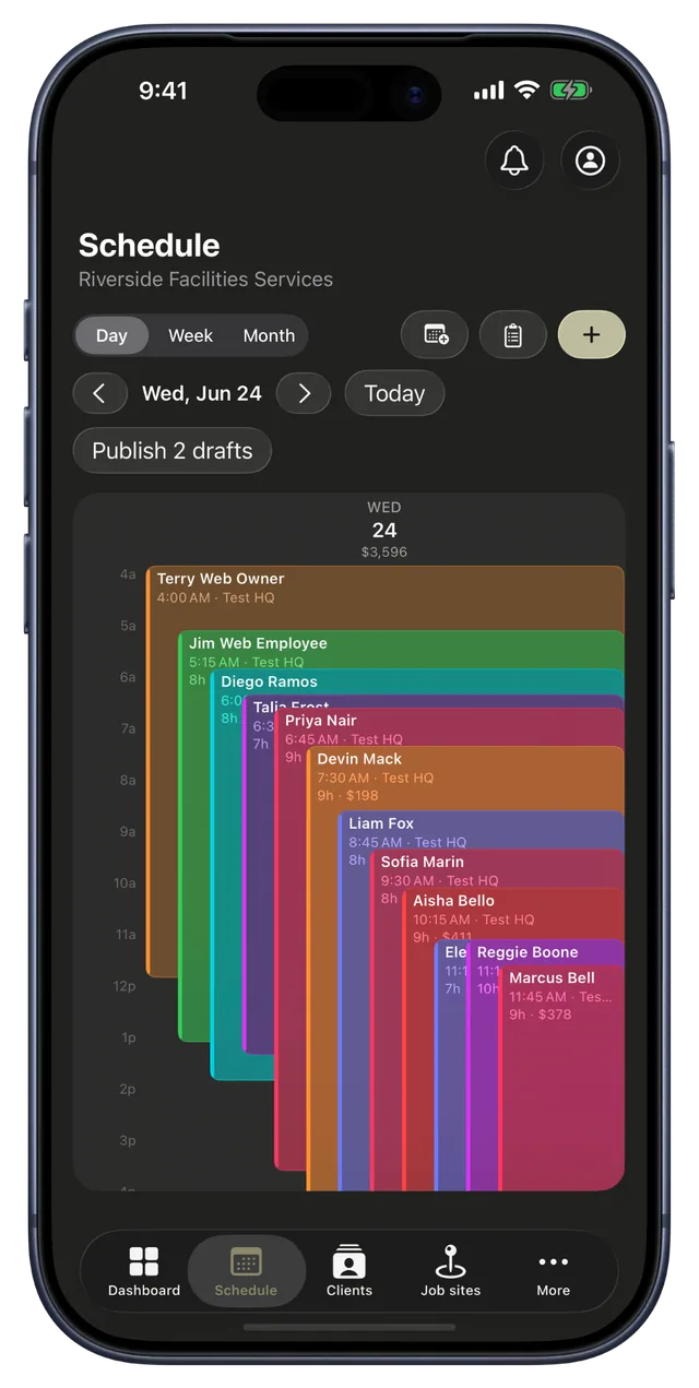 CRMb on iPhone showing a full day of the crew's shifts stacked side by side