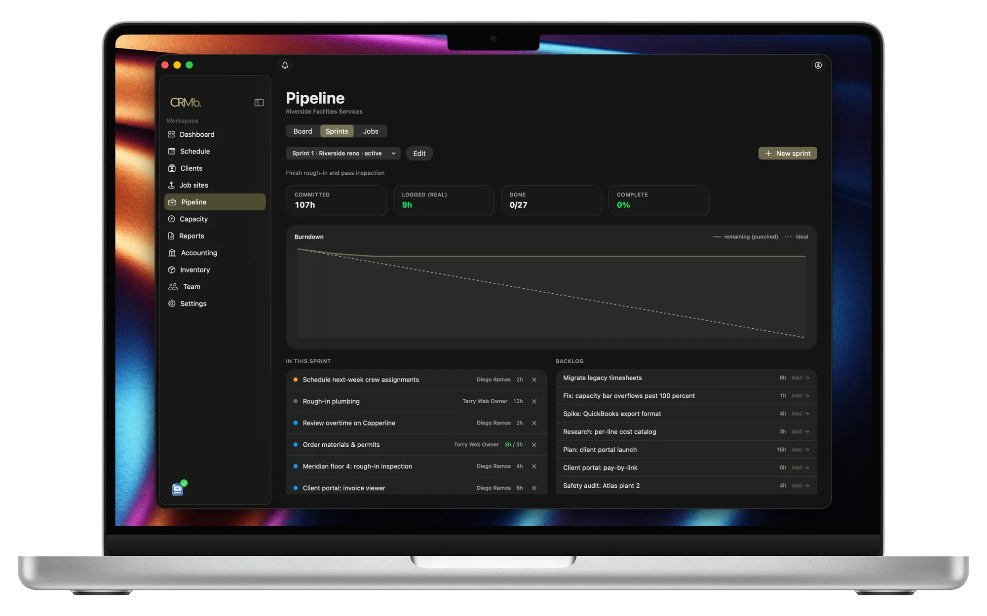 CRMb sprints on Mac with the burndown measured in real hours