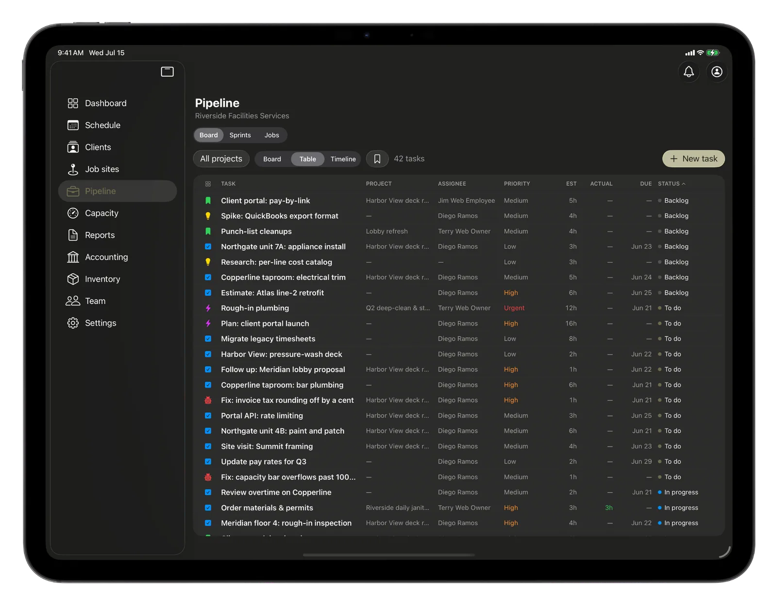 CRMb pipeline table view on iPad with filters